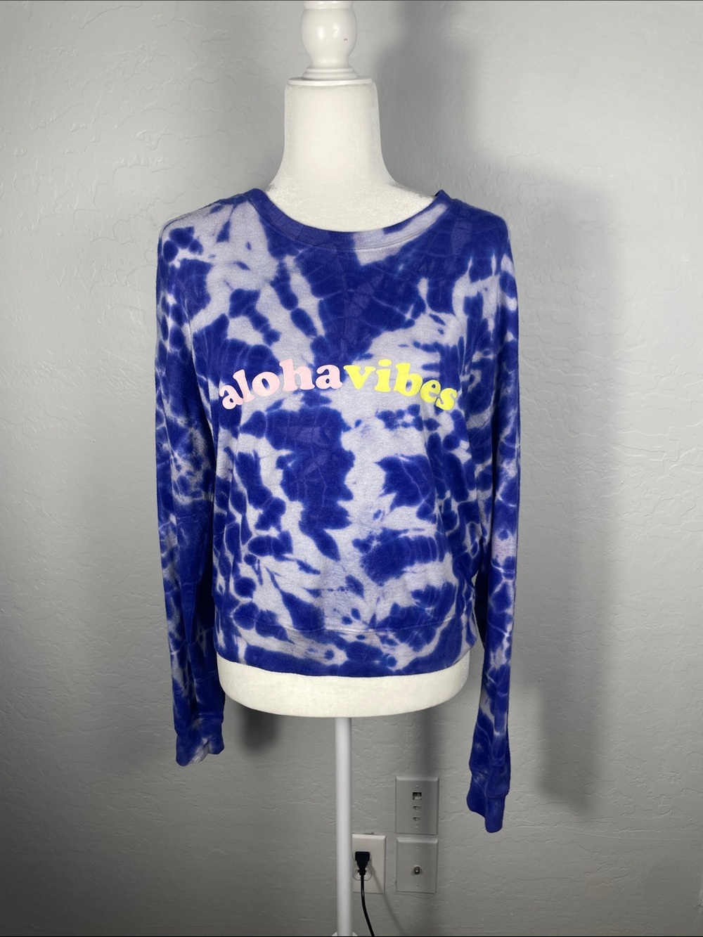 Spiritual Gangster Aloha Vibes Blue & White Tie Dye Sweatshirt Size Large